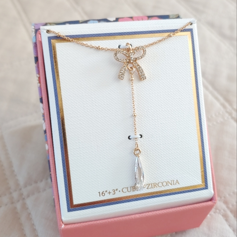 Bella Jack Cubic Zirconia Gold Tone Bow Drop Necklace New Bride Bridal Formal